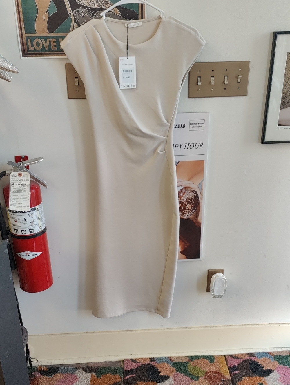 Zara Neutral Cream Midi Dress with Side Drape